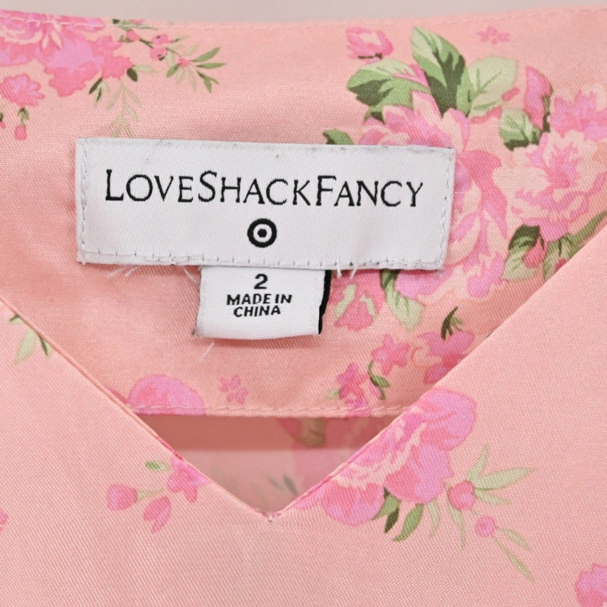 Lynn's Closet Boutique LoveShackFancy for Target Cecile mini dress size 2 tag on pink floral fabric