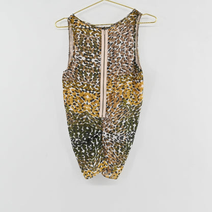 Lynn's Closet Boutique Magaschoni sleeveless top with olive, mustard, and brown animal print and back zipper detail.