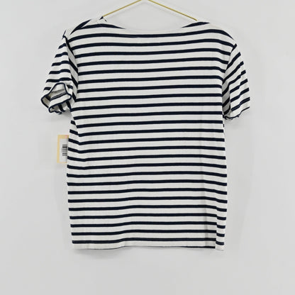Lynn's Closet Boutique Maison Labiche Paris navy and white striped cotton short sleeve top on a hanger