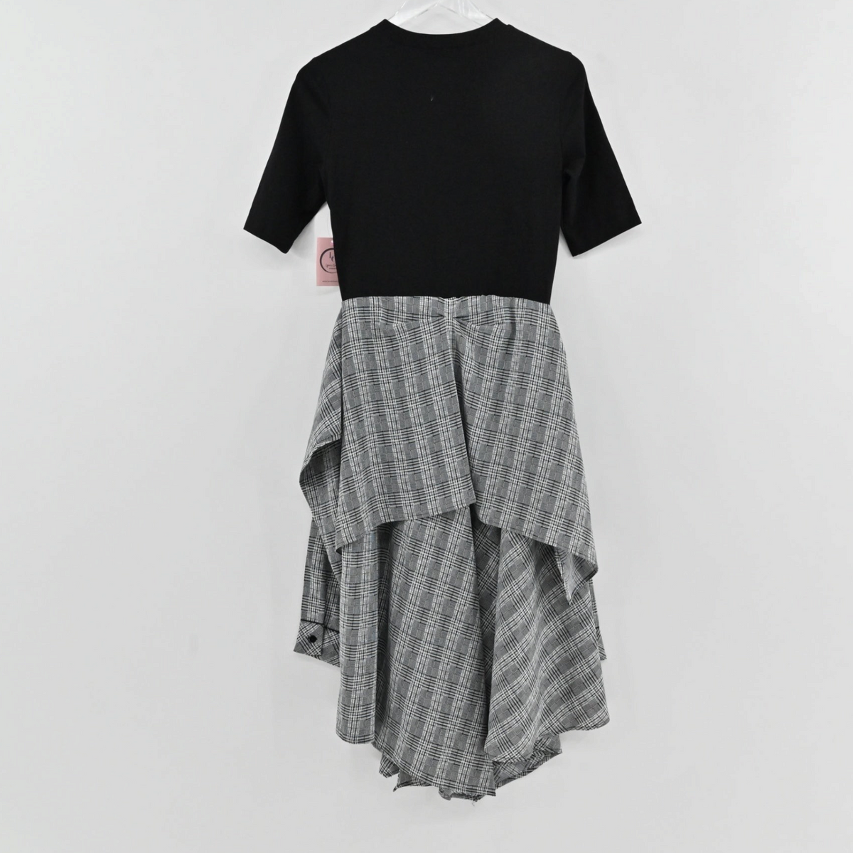 Lynn's Closet Boutique Maje midi dress with black short-sleeve bodice and grey white checkered asymmetrical skirt