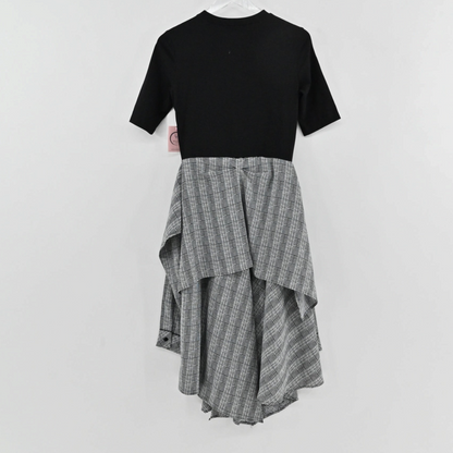 Lynn's Closet Boutique Maje midi dress with black short-sleeve bodice and grey white checkered asymmetrical skirt