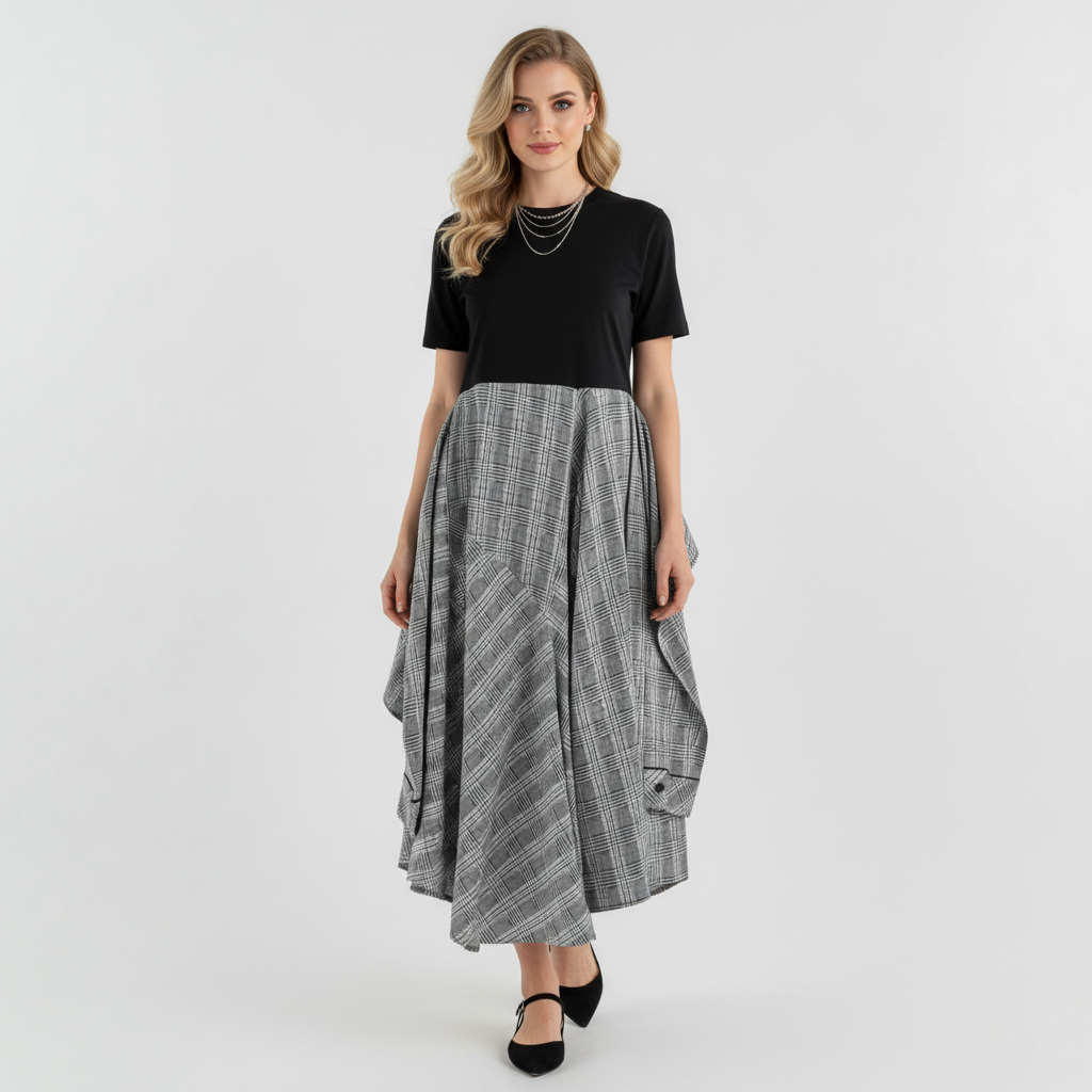 Lynn's Closet Boutique Maje midi dress with black short-sleeve bodice and grey white checkered asymmetrical skirt