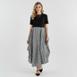 Lynn's Closet Boutique Maje midi dress with black short-sleeve bodice and grey white checkered asymmetrical skirt