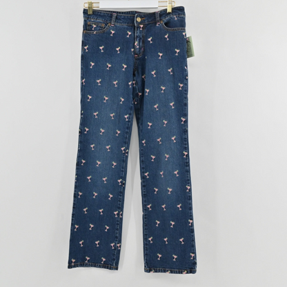 Lynn's Closet Boutique Lilly Pulitzer medium-wash denim pants with a whimsical pink and green margarita glass print.