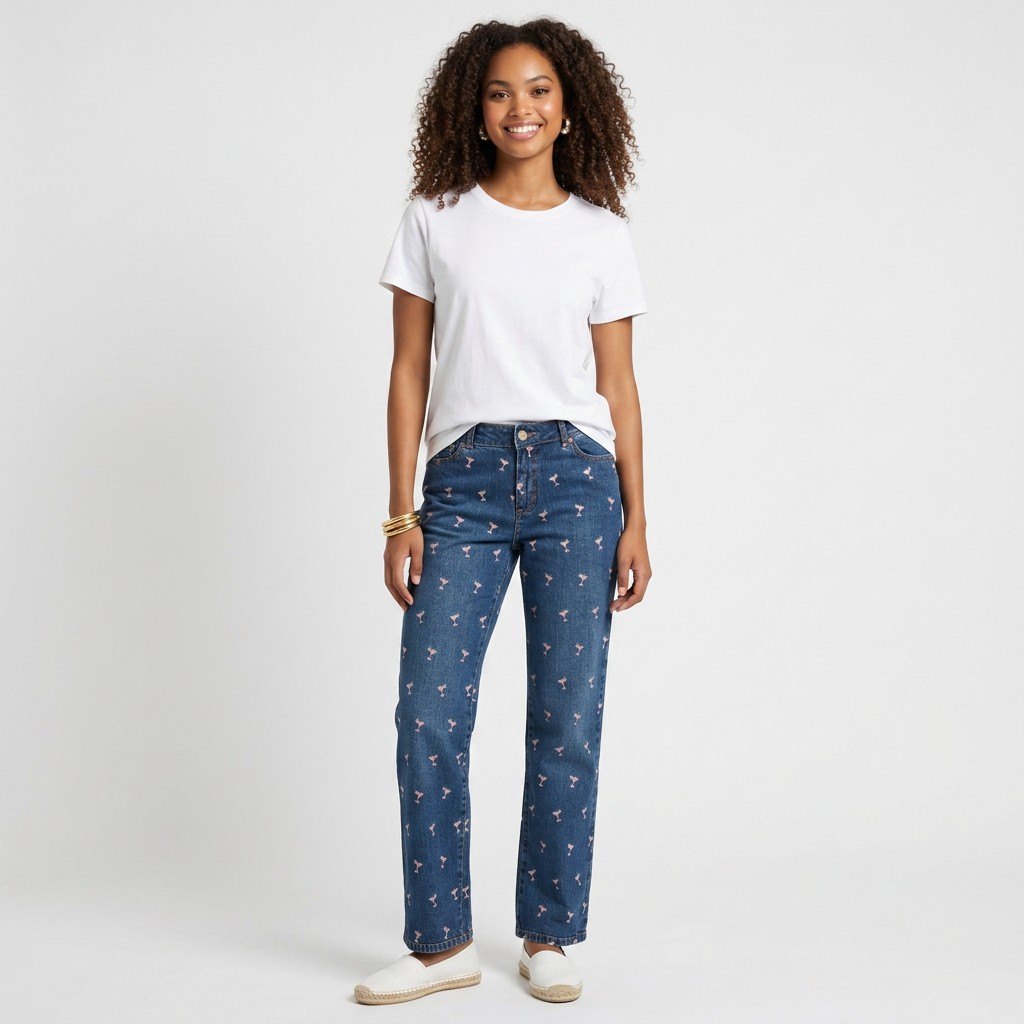 Model wearing Lynn's Closet Boutique Lilly Pulitzer medium-wash denim pants with a whimsical margarita glass print.