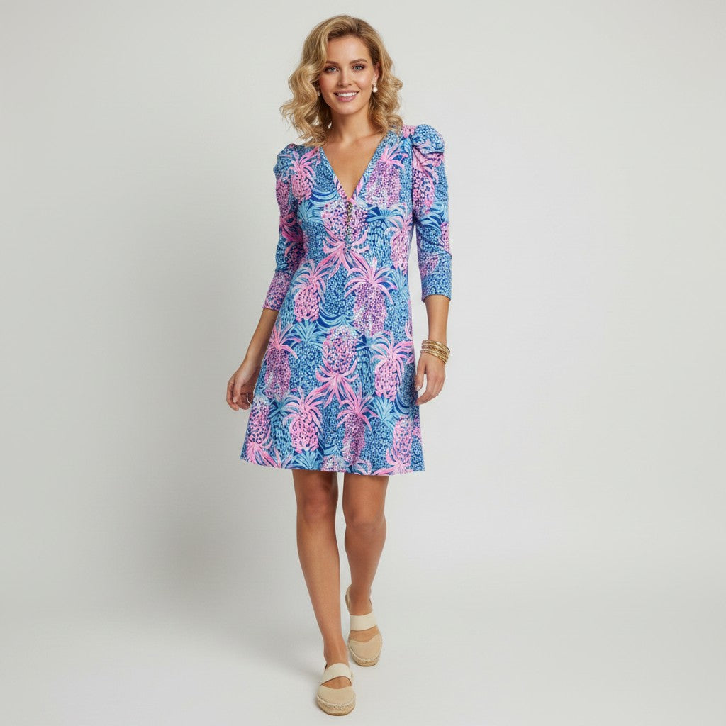 Lynn's Closet Boutique Lilly Pulitzer Marlie Dress in blue and pink pineapple print with puff sleeves and V-neck. Size XXS.