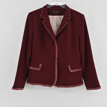 Lynn's Closet Boutique maroon Nipon Boutique blazer with crochet-style trim on lapels, pockets, and cuffs.