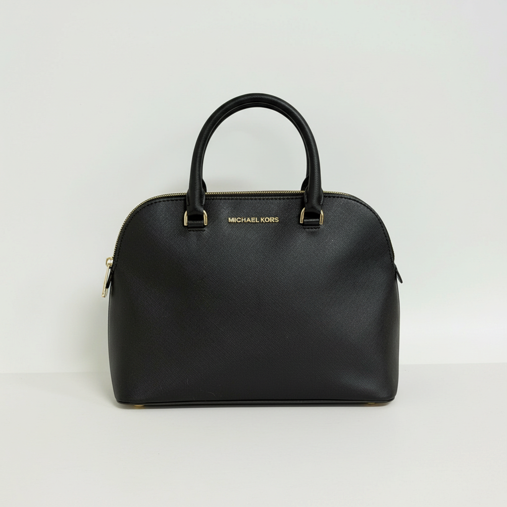Lynn's Closet Boutique Michael Kors black Saffiano leather dome tote with gold-tone hardware and top-zip closure.