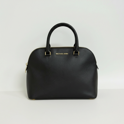 Lynn's Closet Boutique Michael Kors black Saffiano leather dome tote with gold-tone hardware and top-zip closure.