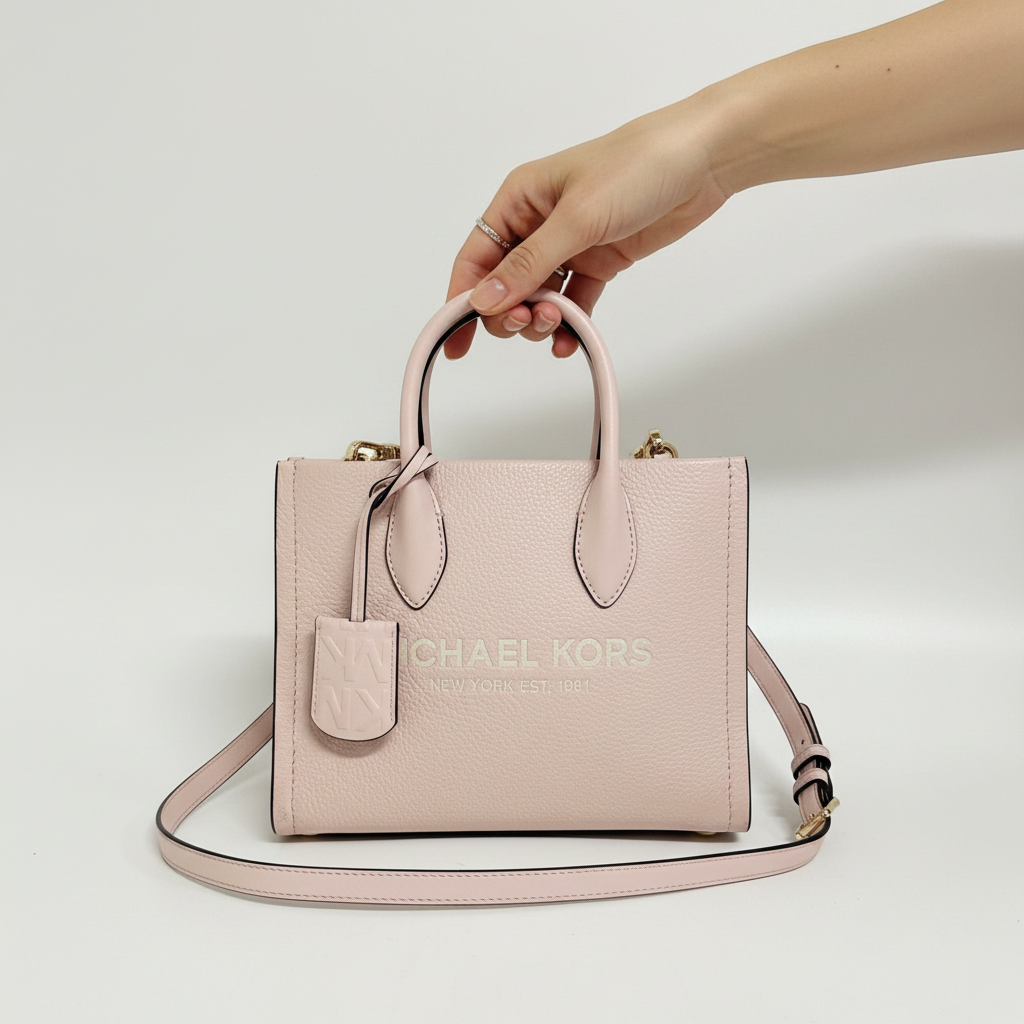 Lynn's Closet Boutique Michael Kors Mirella small blush pebbled leather tote bag held by a hand