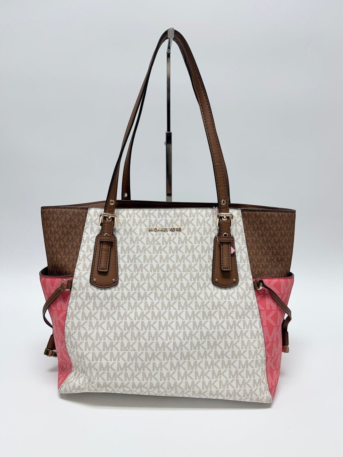 Lynn's Closet Boutique Michael Kors color-block logo tote in brown, white, and pink canvas with leather straps.