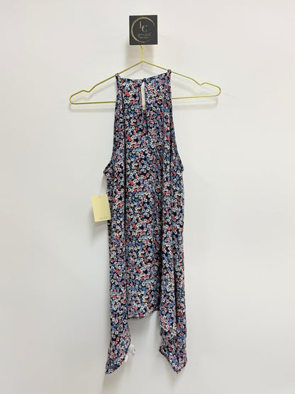 Lynn's Closet Boutique Michael Kors sleeveless floral halter top with a dark background and unique hemline, size S.