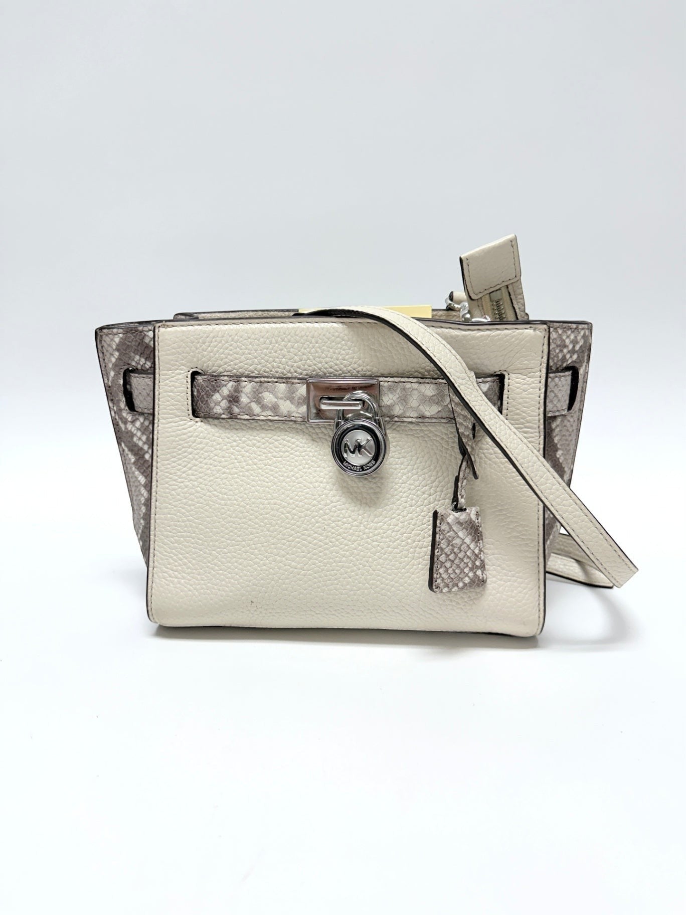 Lynn's Closet Boutique Michael Kors Hamilton small bag in off-white leather with snakeskin side panels and padlock.