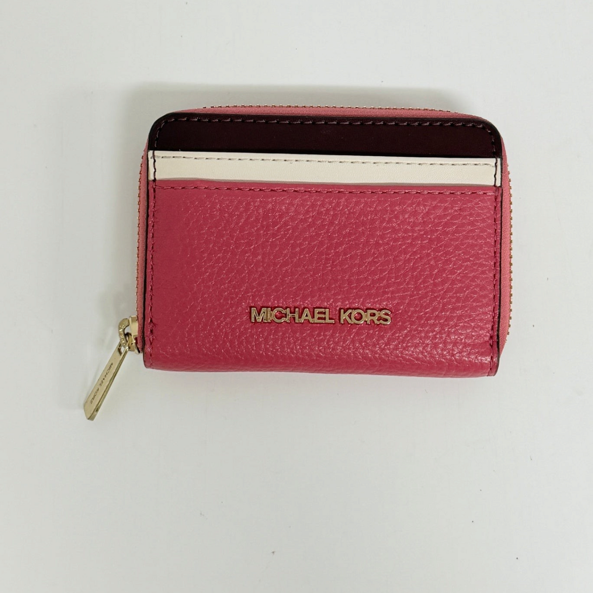 Lynn's Closet Boutique Michael Kors Jet Set Travel card case in red, white, and berry pebbled leather with gold zip.