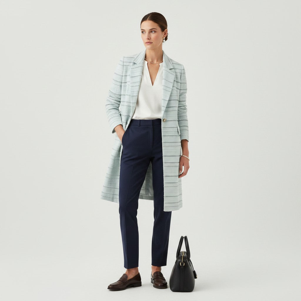 Lynn's Closet Boutique mint green striped textured jacket with a white V-neck top and navy trousers. Size 38.