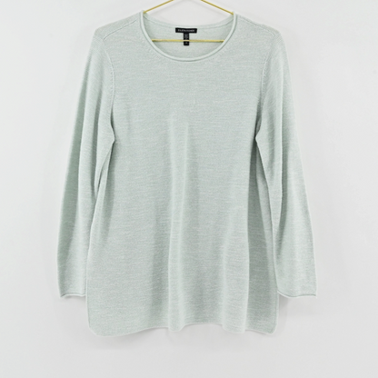 Lynn's Closet Boutique Eileen Fisher mint green textured crew neck sweater with long sleeves on a gold hanger