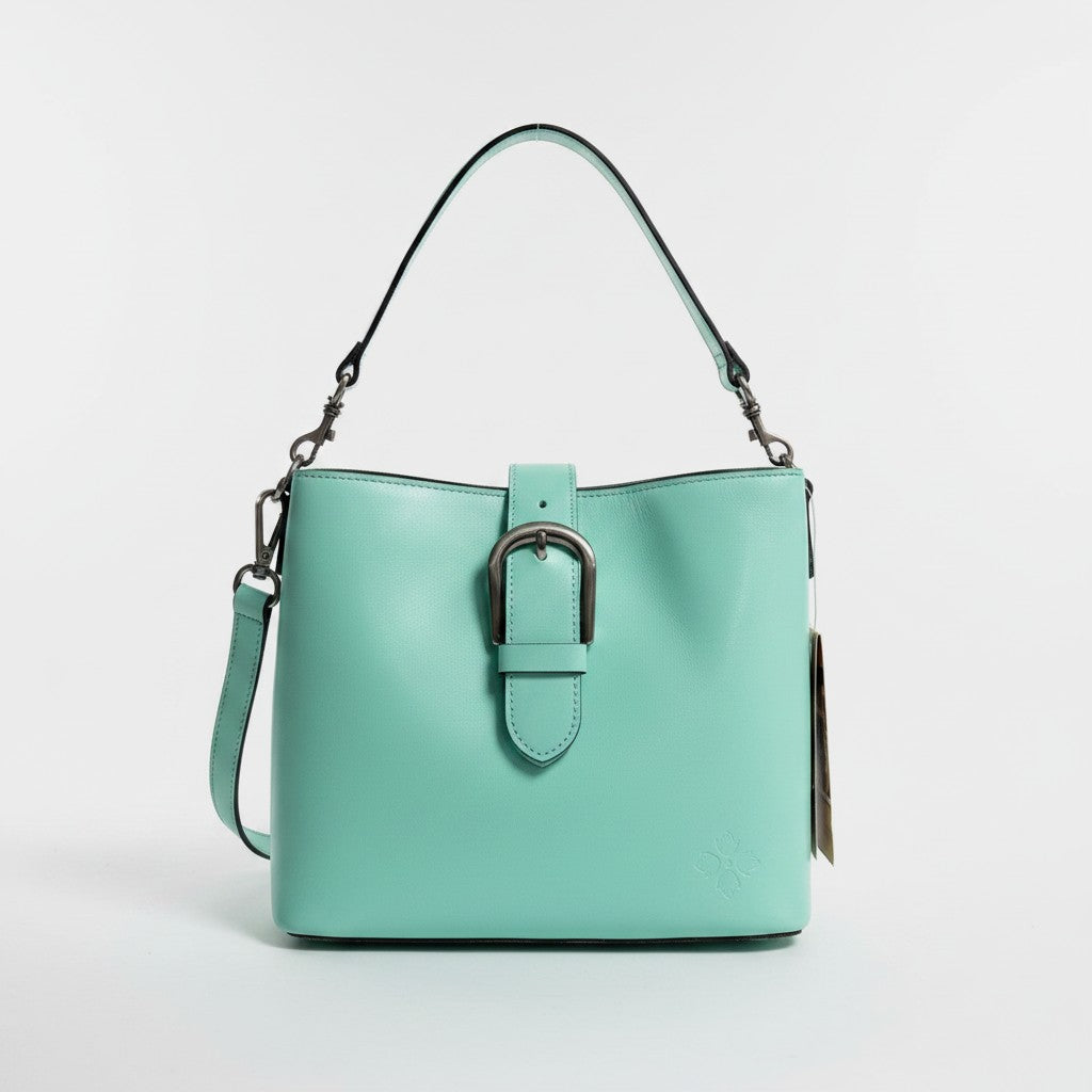 Lynn's Closet Boutique Patricia Nash Irving bucket bag in mint green leather with a decorative front buckle