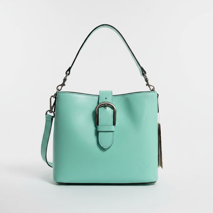 Lynn's Closet Boutique Patricia Nash Irving bucket bag in mint green leather with a decorative front buckle