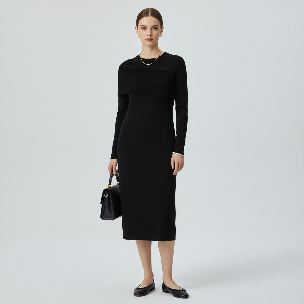 Model wearing a black Misook midi dress with a ribbed collar from Lynn's Closet Boutique, styled with black flats.