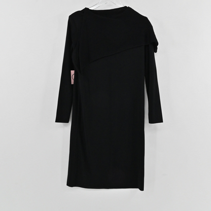 Lynn's Closet Boutique Misook black knit midi dress with a structural ribbed collar and long sleeves on a hanger.