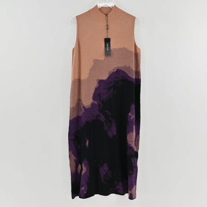Lynn's Closet Boutique Misook sleeveless midi dress in a tan, purple, and black abstract landscape knit pattern.