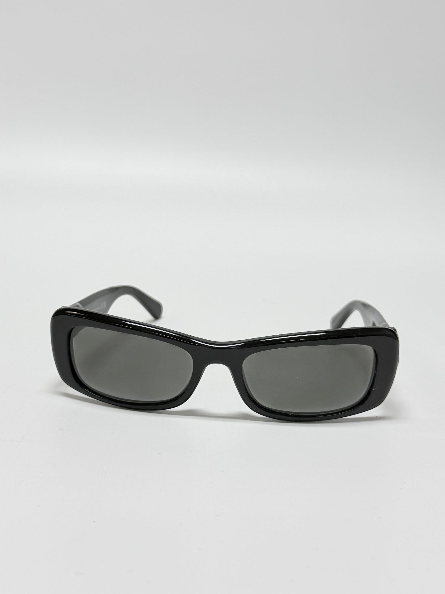 Lynn's Closet Boutique Moncler Minuit black rectangular acetate sunglasses with dark lenses and logo temple detail.