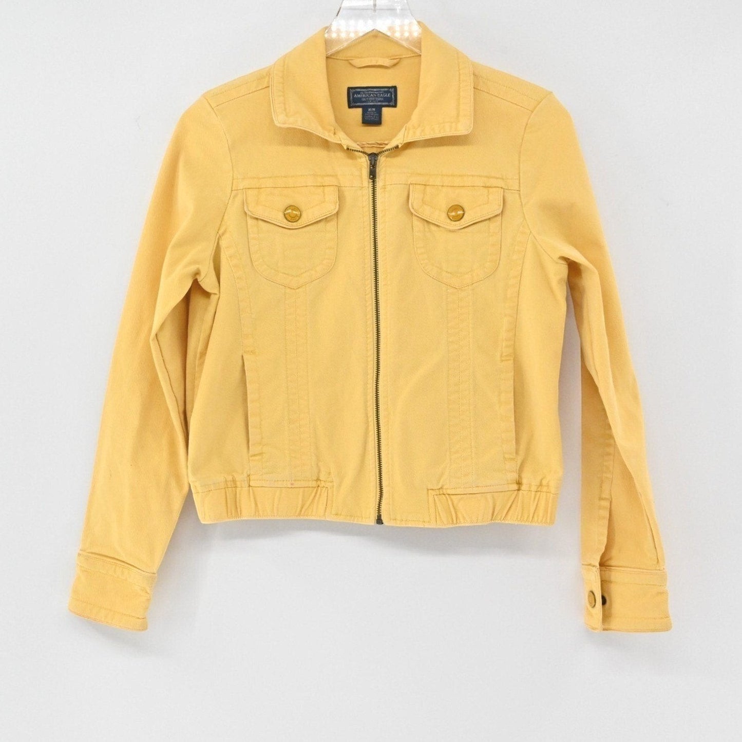 Lynn's Closet Boutique mustard yellow American Eagle zip-up trucker jacket with chest pockets and ribbed hem