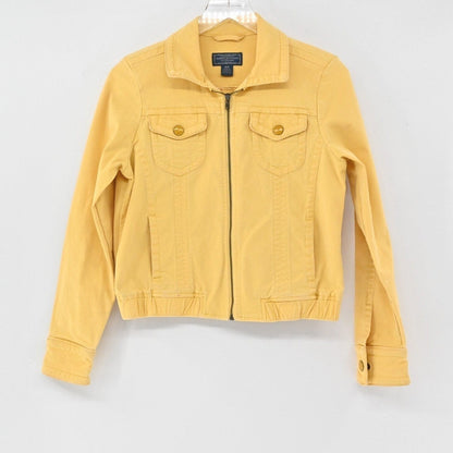 Lynn's Closet Boutique mustard yellow American Eagle zip-up trucker jacket with chest pockets and ribbed hem
