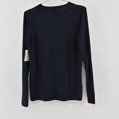 Lynn's Closet Boutique J.McLaughlin navy blue crew neck long sleeve sweater hanging on a hanger