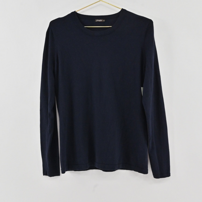 Lynn's Closet Boutique navy blue crew neck sweater in a lightweight knit, size L, hanging on a gold hanger.