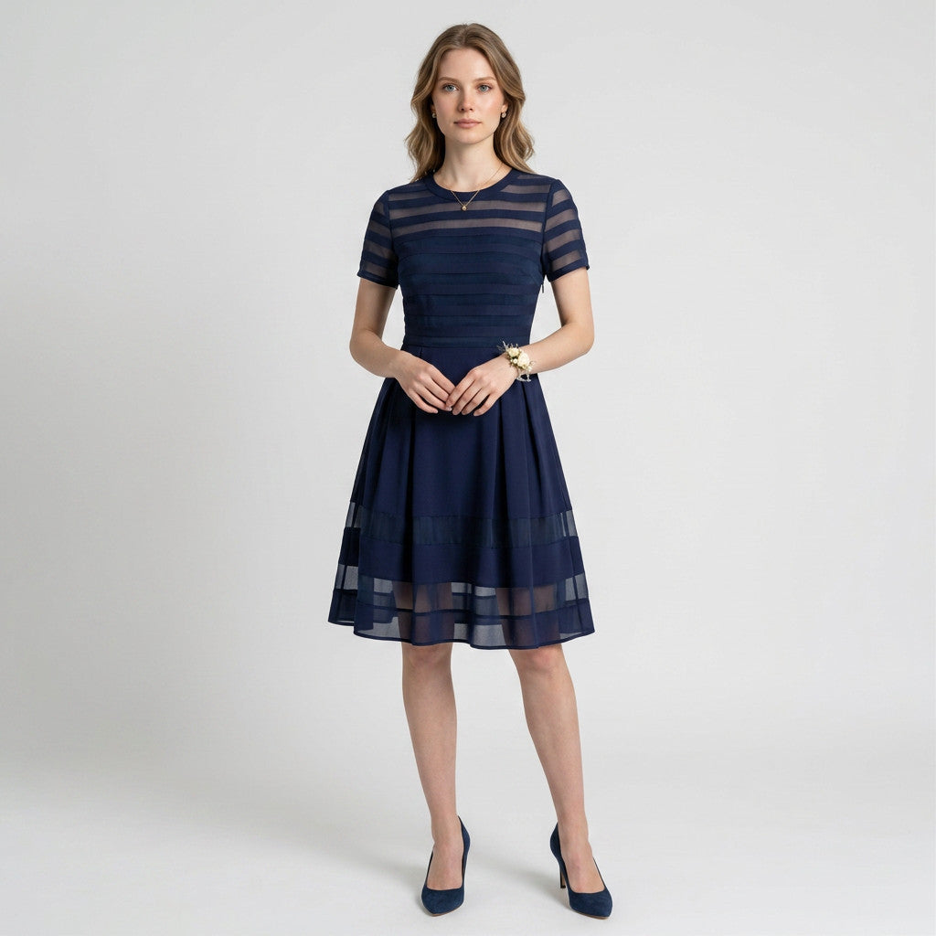 Model wearing a Lynn's Closet Boutique navy Elliatt dress with semi-sheer horizontal striped panels and pleated skirt.