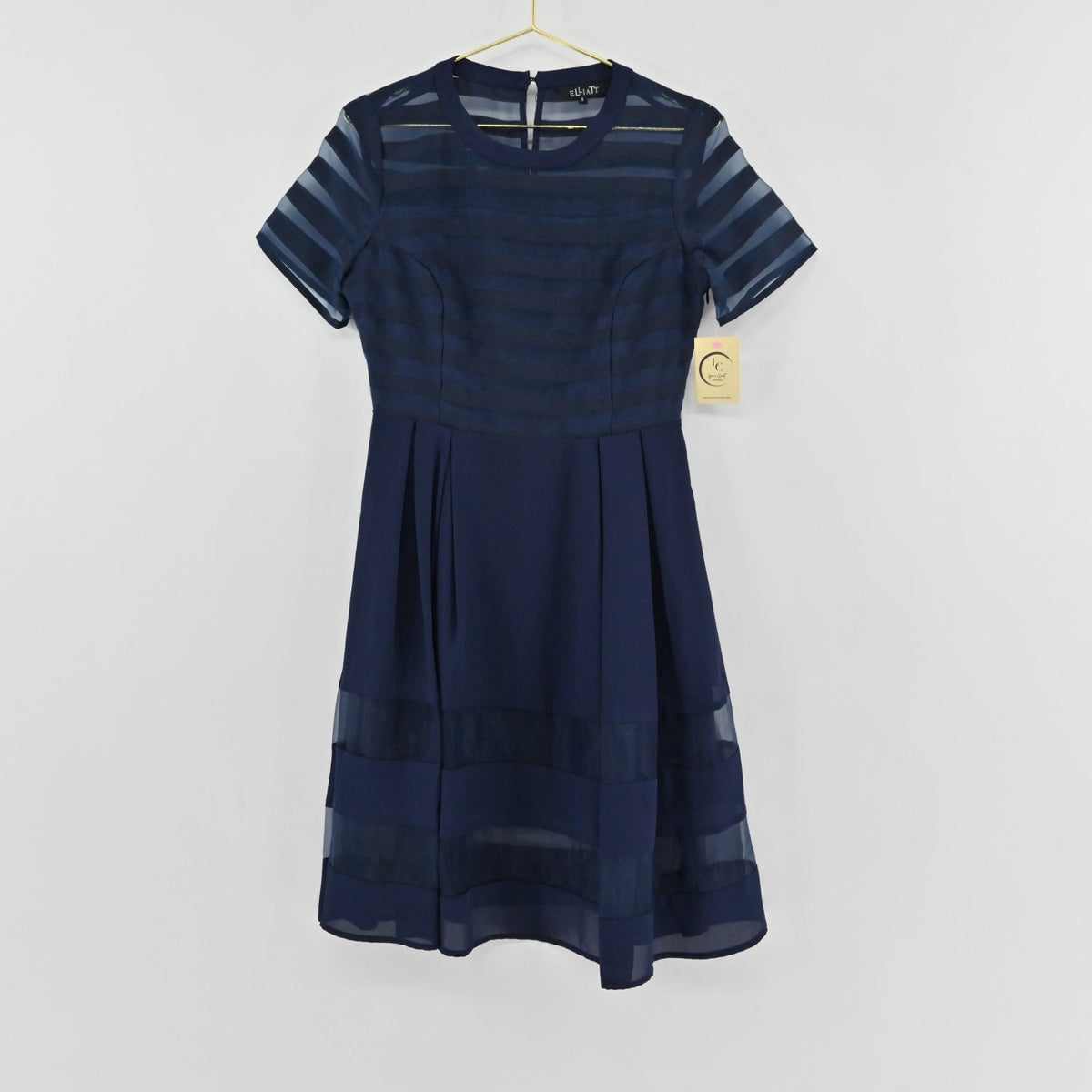 Lynn's Closet Boutique navy Elliatt dress with semi-sheer horizontal striped panels and a pleated skirt.