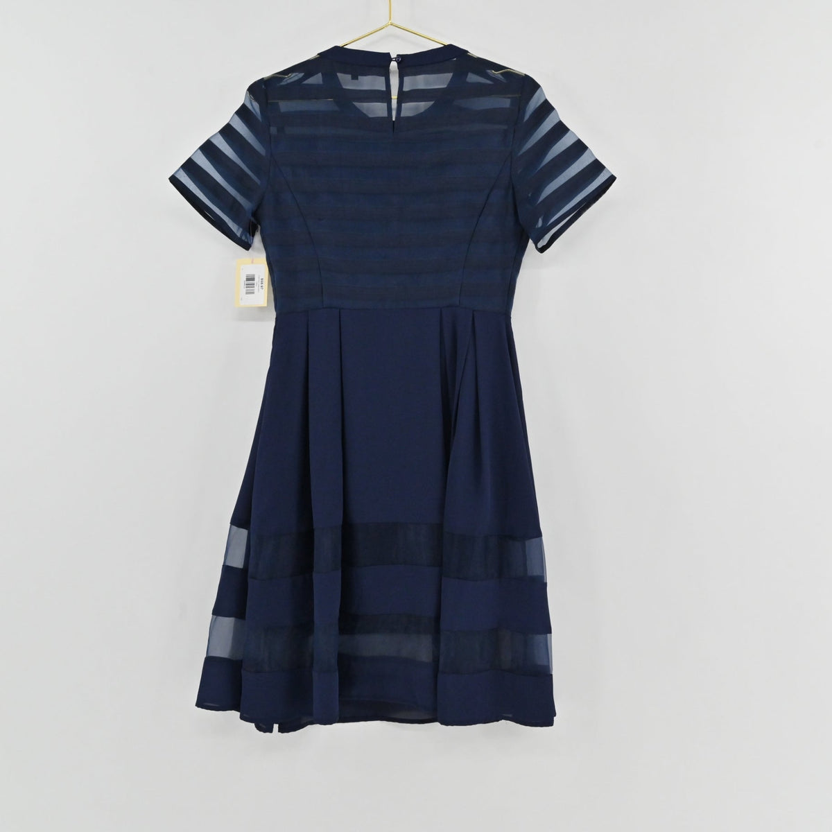 Lynn's Closet Boutique navy Elliatt dress with short sleeves, pleated skirt, and semi-sheer horizontal striped panels.