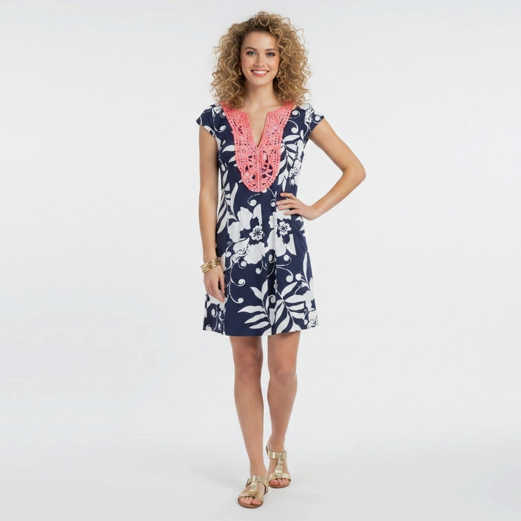 Lynn's Closet Boutique model wearing a navy and white floral Lilly Pulitzer mini dress with coral crochet neckline