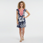 Lynn's Closet Boutique model wearing a navy and white floral Lilly Pulitzer mini dress with coral crochet neckline