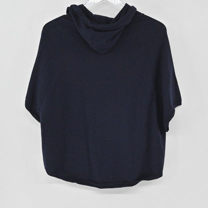 Lynn's Closet Boutique navy Joie short-sleeve merino wool hoodie with a relaxed boxy fit and hood, back view.