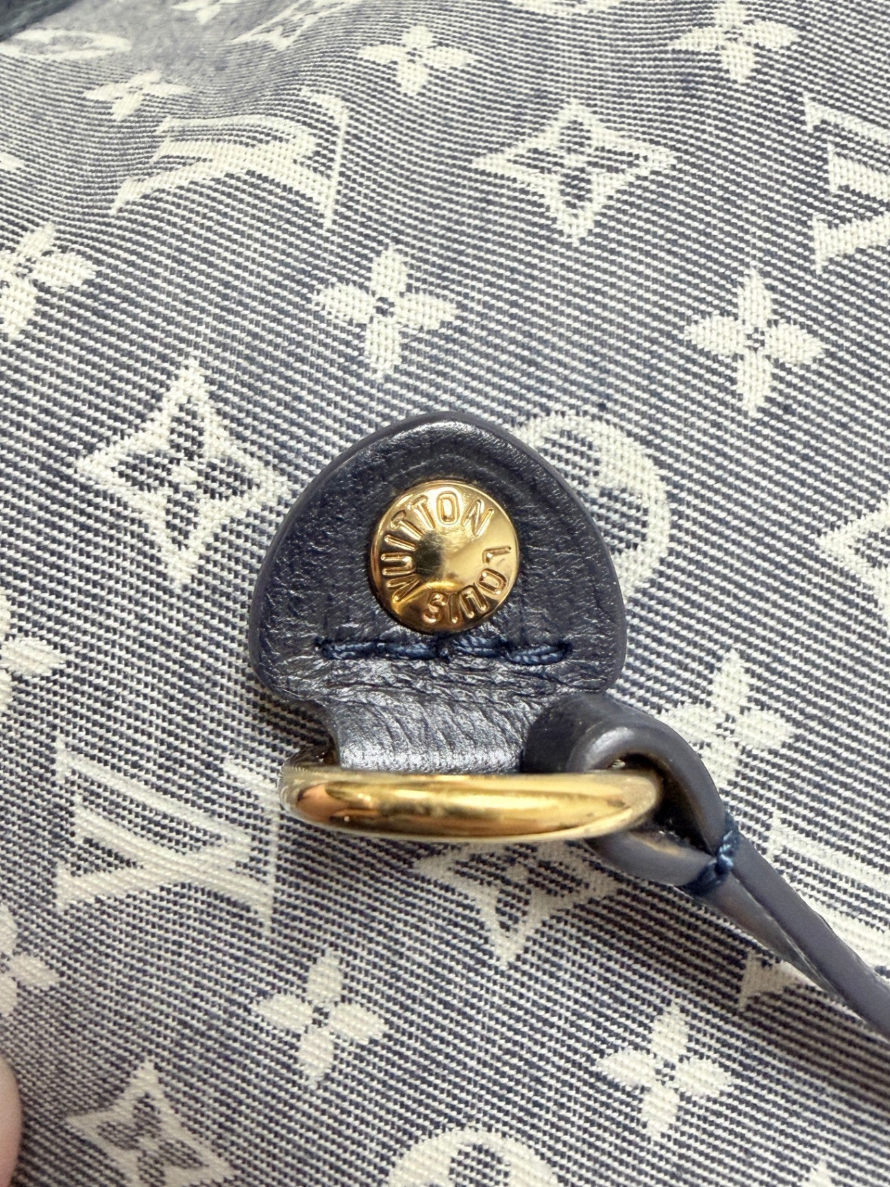 Lynn's Closet Boutique Louis Vuitton Neverfull MM navy Monogram Idylle canvas bag detail with gold hardware