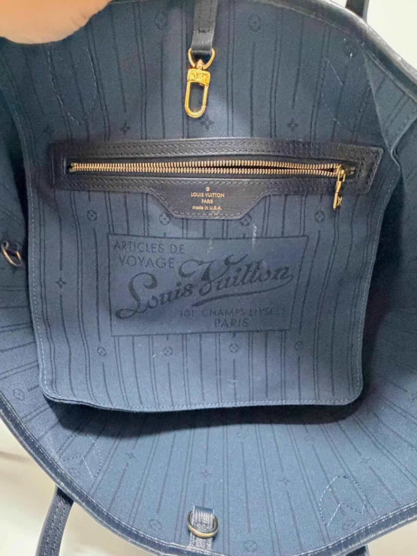 Lynn's Closet Boutique navy Monogram Idylle canvas interior of a Louis Vuitton Neverfull MM tote bag with zipper pocket