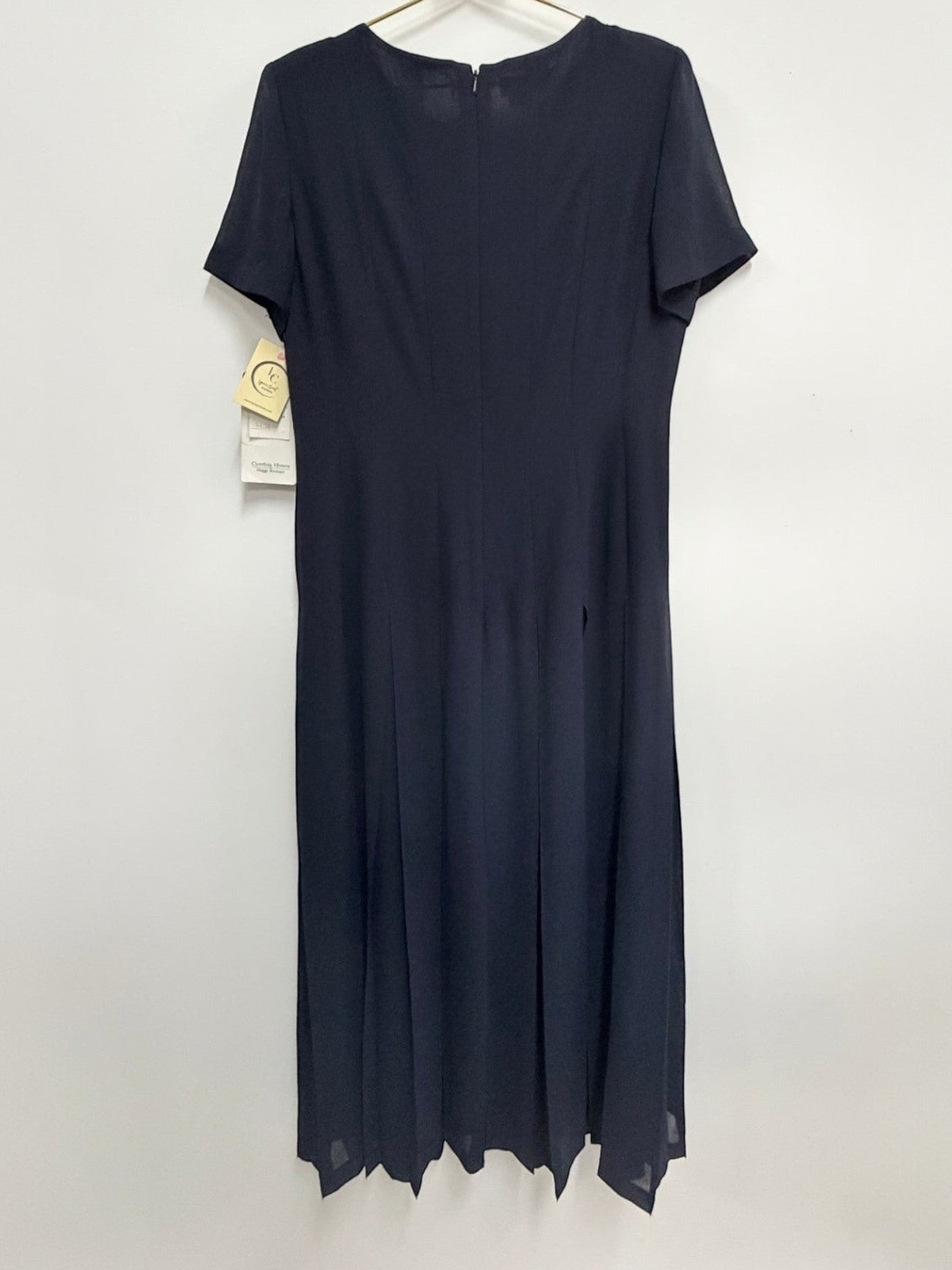 Lynn's Closet Boutique navy Cynthia Howie pleated midi dress with short sleeves and round neckline, size 14.