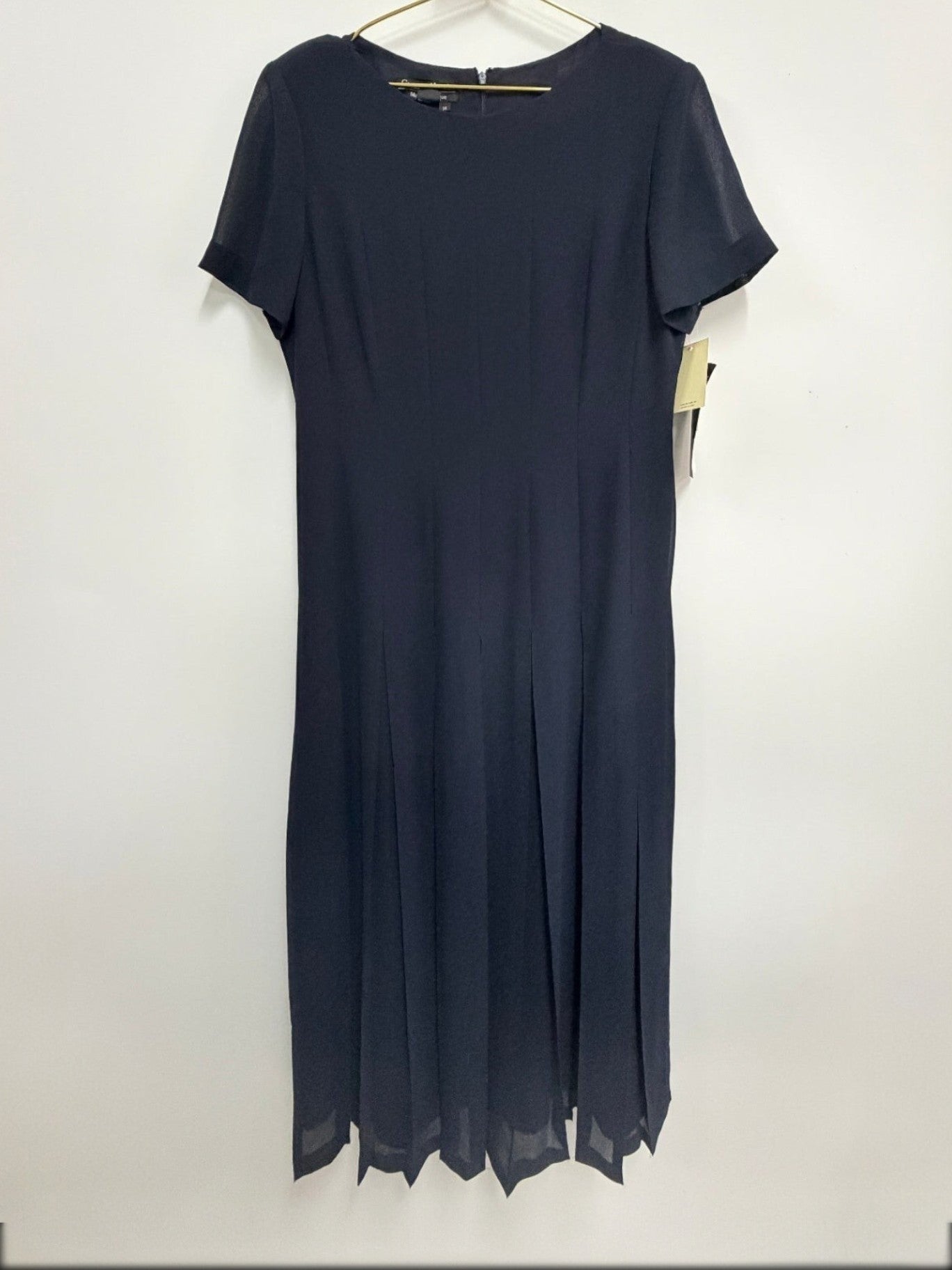 Lynn's Closet Boutique navy Cynthia Howie midi dress with short sleeves, round neck, and pleated skirt, size 14.