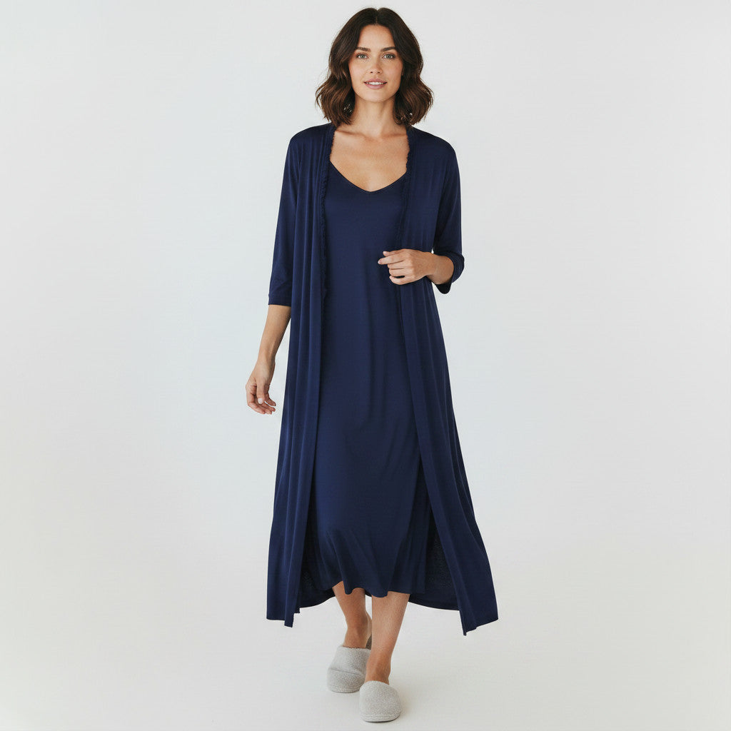 La Perla navy blue silk nightgown and matching robe set, size XS/S.