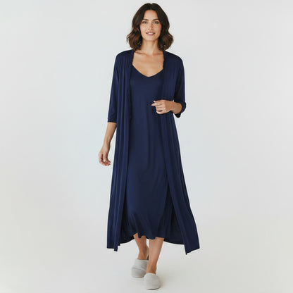 La Perla navy blue silk nightgown and matching robe set, size XS/S.