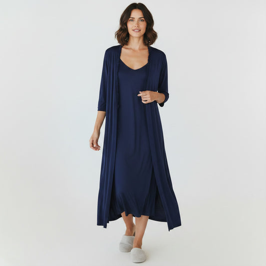 La Perla navy blue silk nightgown and matching robe set, size XS/S.