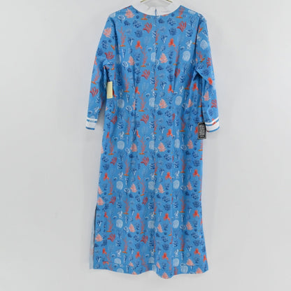 Lynn's Closet Boutique NicoBlu blue kaftan dress with coral and seashell print and white contrast trim, size XL.