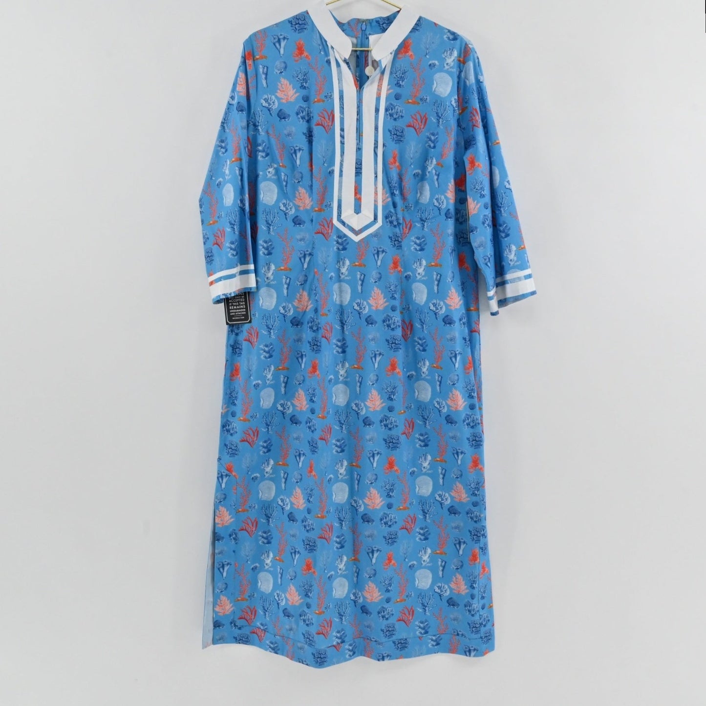 Lynn's Closet Boutique NicoBlu blue kaftan dress with coral and seashell print and white contrast trim, size XL.