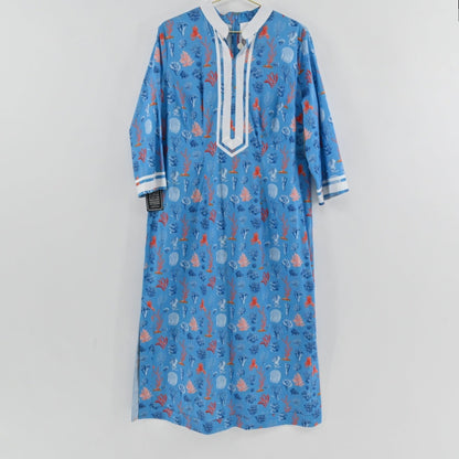 Lynn's Closet Boutique NicoBlu blue kaftan dress with coral and seashell print and white contrast trim, size XL.