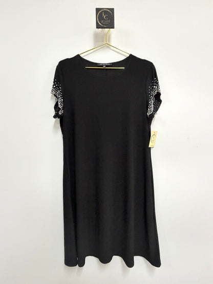 Lynn's Closet Boutique Nik & Nash black midi dress with pearl and stud sleeve detailing on a gold hanger.