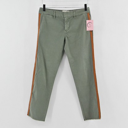Lynn's Closet Boutique Nili Lotan olive green trousers with contrast side stripes and raw-edge hems.