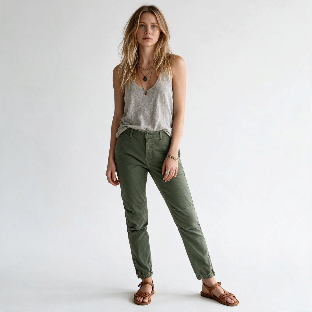Model wearing Lynn's Closet Boutique Nili Lotan olive green slim-fit utility pants with side-zip ankles