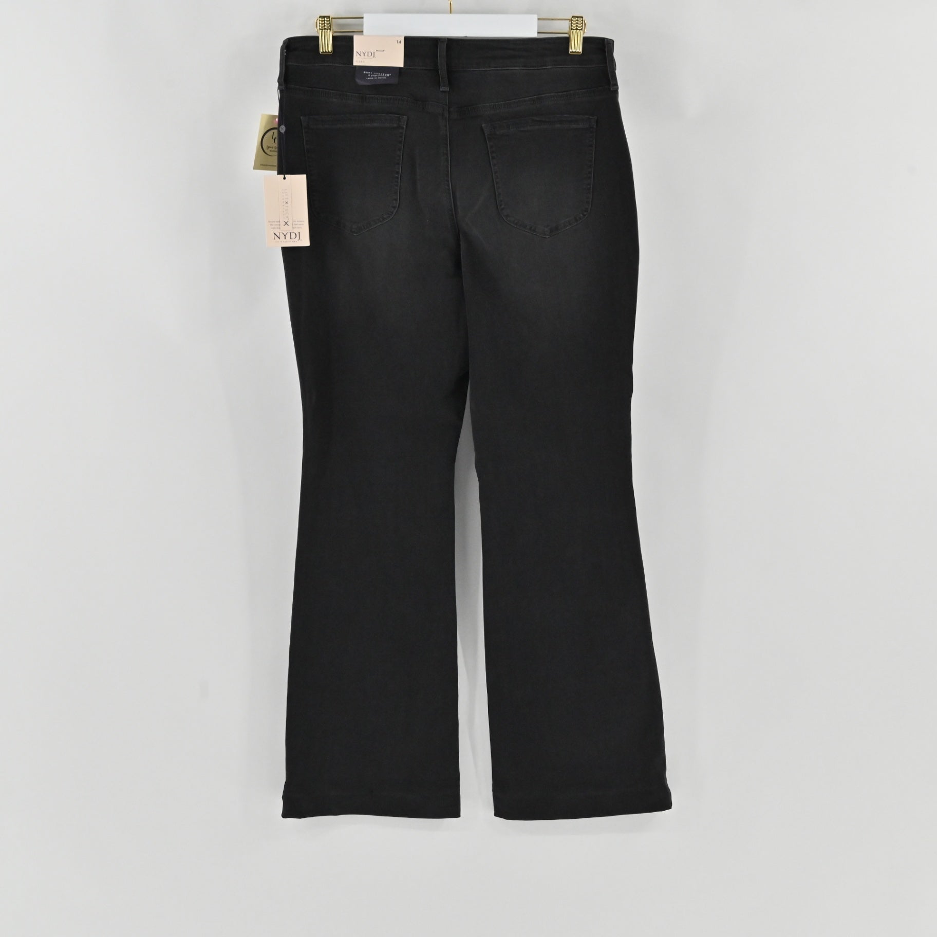 Lynn's Closet Boutique NYDJ Ava flare jeans in charcoal grey denim with back pockets and original store tags